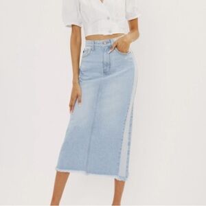 Midi High Rise Denim Contrast Skirt